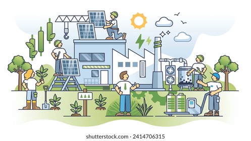 Industrial decarbonization and green energy transformation outline concept. Factory with sustainable and nature friendly power source vector illustration. Renewable resource usage for manufacturing.