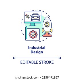 Industrial Design Concept Icon. Competitive Job Candidate Skill Abstract Idea Thin Line Illustration. Products Creation. Isolated Outline Drawing. Editable Stroke. Arial, Myriad Pro-Bold Fonts Used