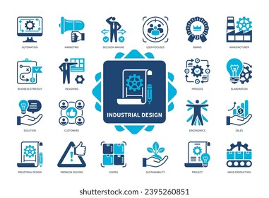 Conjunto de iconos de Diseño Industrial. Bienes, Elaboración, Producción Masiva, Automatización, Solución de Problemas, Enfoque de Usuario, Marca, Marketing. Iconos sólidos de color Duotone