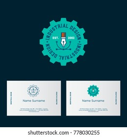 Industrial design of the logo. Tool for drawing. Design studio logo. Gear and letters.