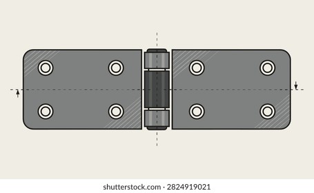 Industrial design schematic of a heavy duty metal door hinge with precise measurement indicators on grey base.