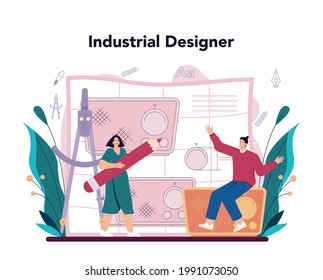 Industrial designer concept. Artist creating modern environment and technological object. Product usability design, manufacture development. Isolated vector illustration