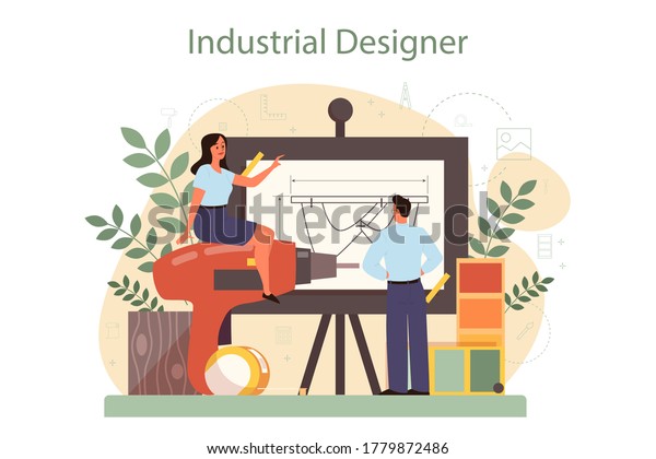 Industrial designer concept. Artist creating\
modern environment object. Product usability design, manufacture\
development. Isolated vector\
illustration