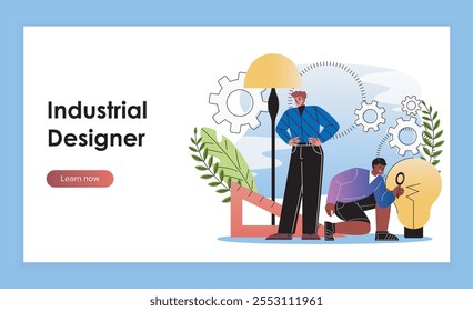 Página inicial do designer industrial. Dois homens com lâmpadas para apartamento, casa de campo ou casa. Móveis e elementos interiores para quarto. Ilustração de vetor plano isolada no plano de fundo azul