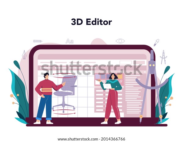 Industrial designer online service or\
platform. Artist creating modern environment and technological\
object. Online 3d editor. Isolated vector\
illustration