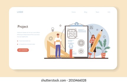 Industrial designer web banner or landing page. Artist creating modern environment and technological object. Product usability design, manufacture development. Isolated vector illustration