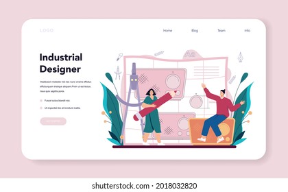 Industrial designer web banner or landing page. Artist creating modern environment and technological object. Product usability design, manufacture development. Isolated vector illustration