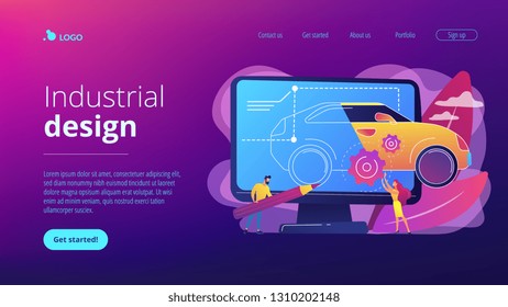 Industrial designers at computer drawing blueprint of modern car. Industrial design, product usability design, ergonomics development concept. Website vibrant violet landing web page template.