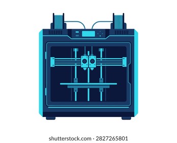 Industrial Desktop 3D Printer with Dual Extruders Flat Vector Illustration
