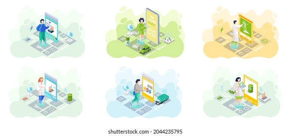 Industrial development, environmental and ecology protection concept. Integration of new technologies. Set of illustrations about people working with green techbology for eco friendly production