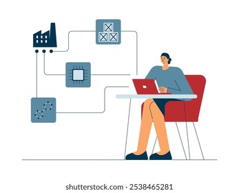 Desenvolvimento industrial com tecnologia moderna por equipe, ilustração vetorial.