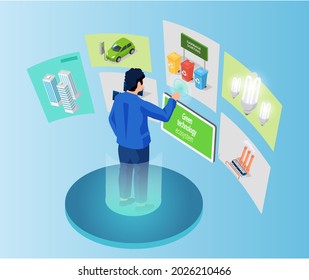 Industrial development, protection of enviroment concept. Man analyzes integration of new technologies. Male character working with green technology, waste recycling, creation of alternative energy