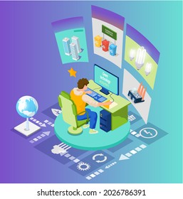 Industrial development, protection of enviroment concept. Man analyzes integration of new technologies. Male character working with green technology, waste recycling, creation of alternative energy