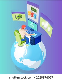 Industrial development, protection of enviroment concept. Man sitting with computer and working with green technology. Analysing technologies for waste recycling, electricity and biofuel production