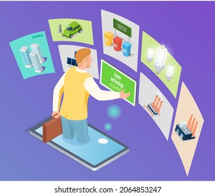 Industrial development, protection of enviroment concept. Man analyzes integration of new technologies. Male character working with green technology, waste recycling, creation of alternative energy