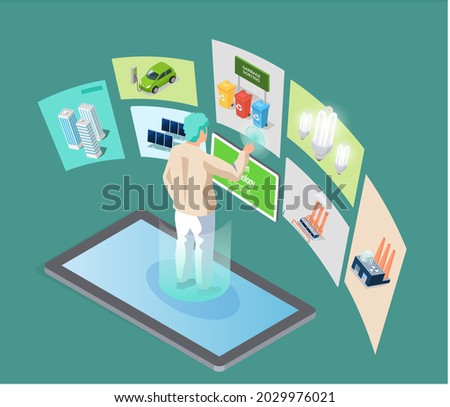 Industrial development, protection of enviroment concept. Man standing on tablet analyzes technologies for waste recycling, alternative energy creation. Male character working with green technology