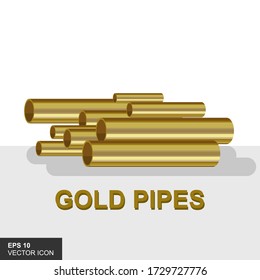 Industrial diameter metal gold pipes are different. Aluminum or steel pipe, vector illustration of a shiny metal pipe. Modern decorative design elements for banners, posters.