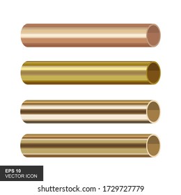 Industrial diameter metal gold pipes are different. Aluminum or steel pipe, vector illustration of a shiny metal pipe. Modern decorative design elements for banners, posters.