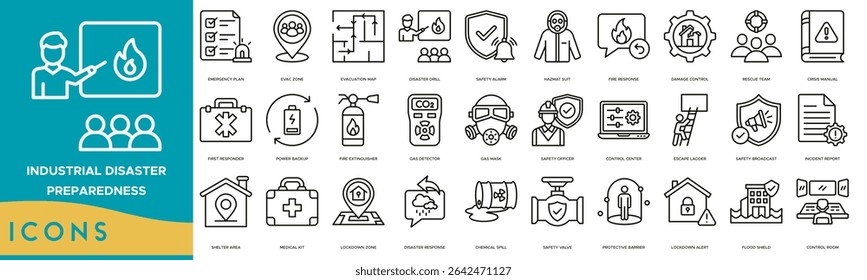 Industrial Disaster Preparedness icon set. Emergency Plan, Evac Zone, Evacuation Map, Disaster Drill, Safety Alarm, Hazmat Suit, Fire Response, Damage Control and Rescue Team
