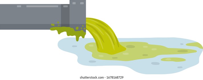 Industrial discharge from the pipe. Chemical waste. Cartoon flat illustration. Pollution of nature and ecology. Modern problem. Green stream in river