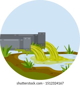 Industrial discharge from the pipe. Pollution of nature and ecology. Green stream in the river. Chemical waste. Cartoon flat illustration. Modern problem