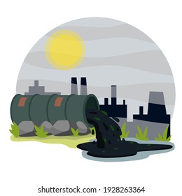 Industrial discharge from pipe. Pollution of nature and ecology. Plant and pipe with smoke. Green stream in the river. Modern problem. Chemical waste. Cartoon flat illustration