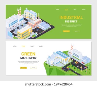 Industrial District And Green Machinery - Set Of Isometric Banners With Copy Space For Text. Images Of Plants, Eco Factory With Wind Turbines, Solar Panels. City Architecture, Infrastructure Concept