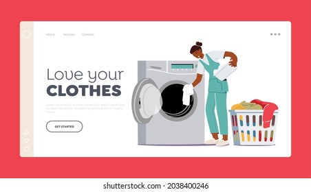 Industrial Or Domestic Launderette Service Landing Page Template. Worker Female Character In Public Dry Cleaning Laundry Loading Dirty Clothing To Laundromat Machine. Cartoon Vector Illustration