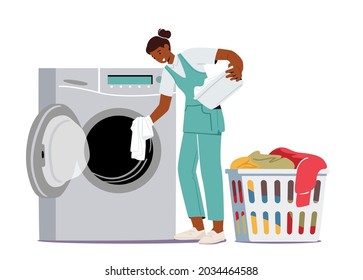 Industrial Or Domestic Launderette Washing And Cleaning Service. Worker Female Character In Public Dry Cleaning Laundry Loading Dirty Clothing To Laundromat Machine. Cartoon Vector Illustration