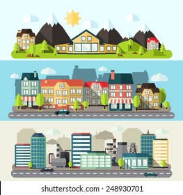 Industrial downtown and urban city horizontal banner flat set isolated vector illustration