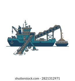 An industrial dredging boat illustration working on a waterway, using a conveyor belt to extract and transport sand and silt sediment for construction works.