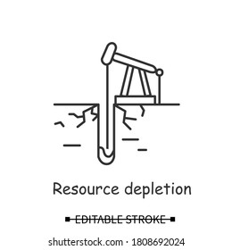 Industrial drilling icon. Oil extraction with derrick linear pictogram. Concept of resource depletion, mineral digging, ecosystem and global environment danger. Editable stroke vector illustration