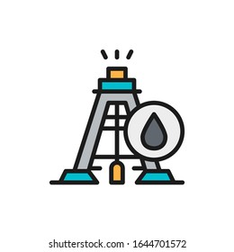 Plataforma de torre de torre de perforación industrial, equipo de combustible de aceite icono de línea plana de color.