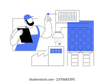 Ilustración vectorial abstracta del colector de polvo y niebla industrial. Los ingenieros controlan la máquina colectora de polvo, el ambiente ecológico, la metáfora abstracta del sistema de purificación industrial moderna.