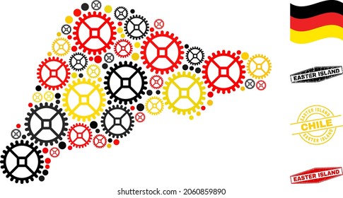 Industrial Easter Island map collage and seals. Vector collage is composed of service elements in different sizes, and Germany flag official colors - red, yellow, black.