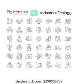 Lineare Icons für industrielle Ökologie. Nachhaltige Entwicklung. Umweltschutz. Kreislaufwirtschaft. Anpassbare Thin-Line-Symbole. Einzige Vektorgrafik-Rahmenillustrationen. Bearbeitbarer Hub