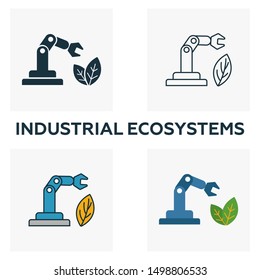 Industrial Ecosystems icon set. Four elements in diferent styles from industry 4.0 icons collection. Creative industrial ecosystems icons filled, outline, colored and flat symbols.