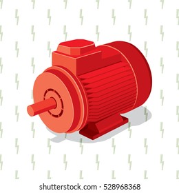 Industrial Electric Engine Isometric View Realistic Icon - Red Elements on Repeating Green Lightning Symbol of Electricity Wallpaper Background - Flat Graphic Design