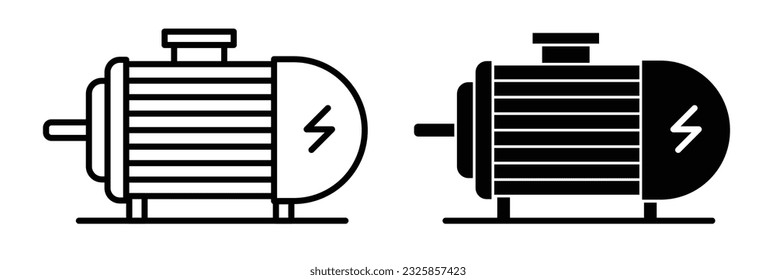 Industrial electric motor icon set in filled and outlined style. Battery motor symbol. Electromagnetic car engine dc motor vector icon set in black color.