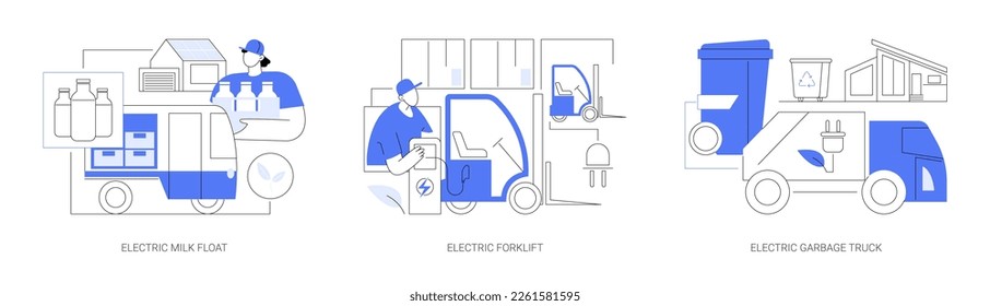 Industrial electric vehicles abstract concept vector illustration set. Battery electric milk float vehicle, forklift charging in the warehouse, modern sustainable garbage truck abstract metaphor.