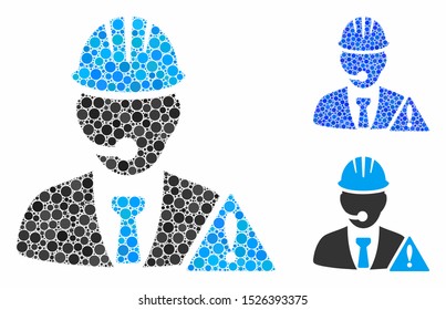 Industrial emergency operator composition for industrial emergency operator icon of round dots in various sizes and color hues. Vector round dots are composed into blue composition.