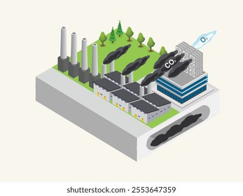 Industrial Emission Control Concept with Carbon Capture and Green Energy Transition 3d isometric vector illustration