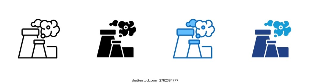 Industrial Emission Multiple Style Icon Design Vector - Factory with smoke clouds representing air pollution, carbon emission, and industrial environmental impact