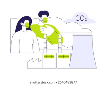 Ilustración vectorial abstracta del concepto de emisiones de Industrial. Personas en máscaras cerca de la fábrica, emisiones tóxicas, industria de la ecología, problema ambiental, cambio climático, metáfora abstracta del calentamiento global.