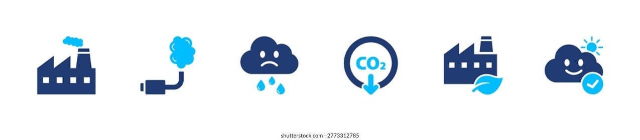 Industrial emissions icon set. pollution, factory, environment, carbon, waste. solid style icon collection.