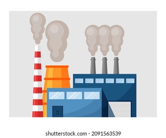 Industrial emissions into atmosphere illustration. Environmental pollution through emissions into atmosphere of factories increase in co2 which leads to warming of climate. Vector cartoon smoke