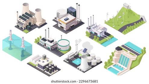 Industrial energy buildings set in isometric design. Power plants and alternative green hydro electric generation stations. Nuclear fuel reactor power. Geothermal or wind stations. Vector illustration