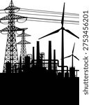 Industrial energy facility silhouette vector illustration, factory smokestacks design, renewable wind turbines art, electricity transmission towers clipart, power plant infrastructure, black silhouette style