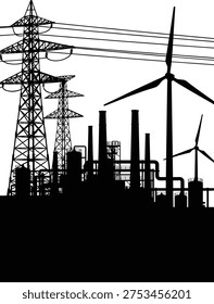 Industrial energy facility silhouette vector illustration, factory smokestacks design, renewable wind turbines art, electricity transmission towers clipart, power plant infrastructure, black silhouette style