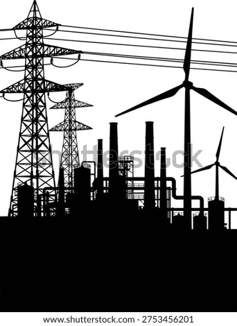 Industrial energy facility silhouette vector illustration, factory smokestacks design, renewable wind turbines art, electricity transmission towers clipart, power plant infrastructure, black silhouette style